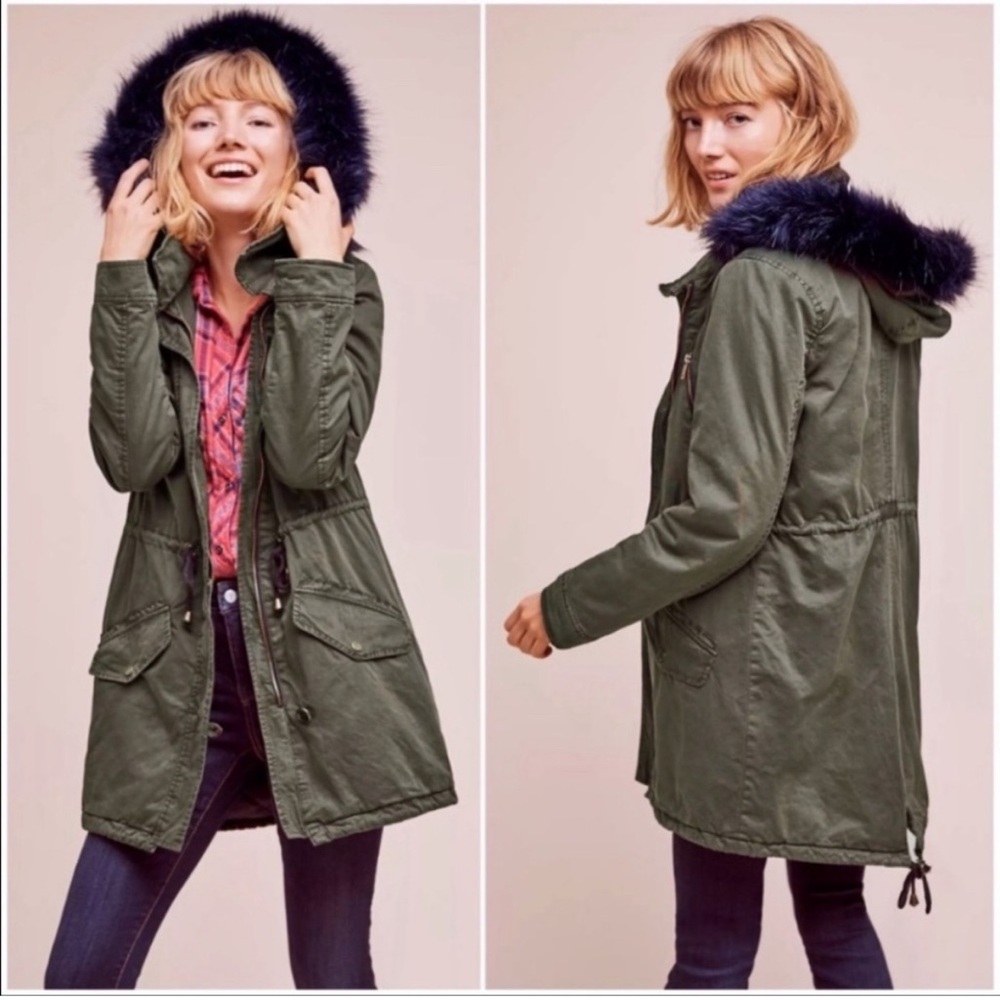 Anthropologie HEI HEI Anorak Jacket with Navy Faux Fur